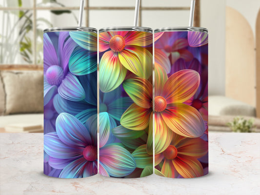 Three tumblers featuring vibrant, abstract floral designs in purple, yellow, and pink hues.