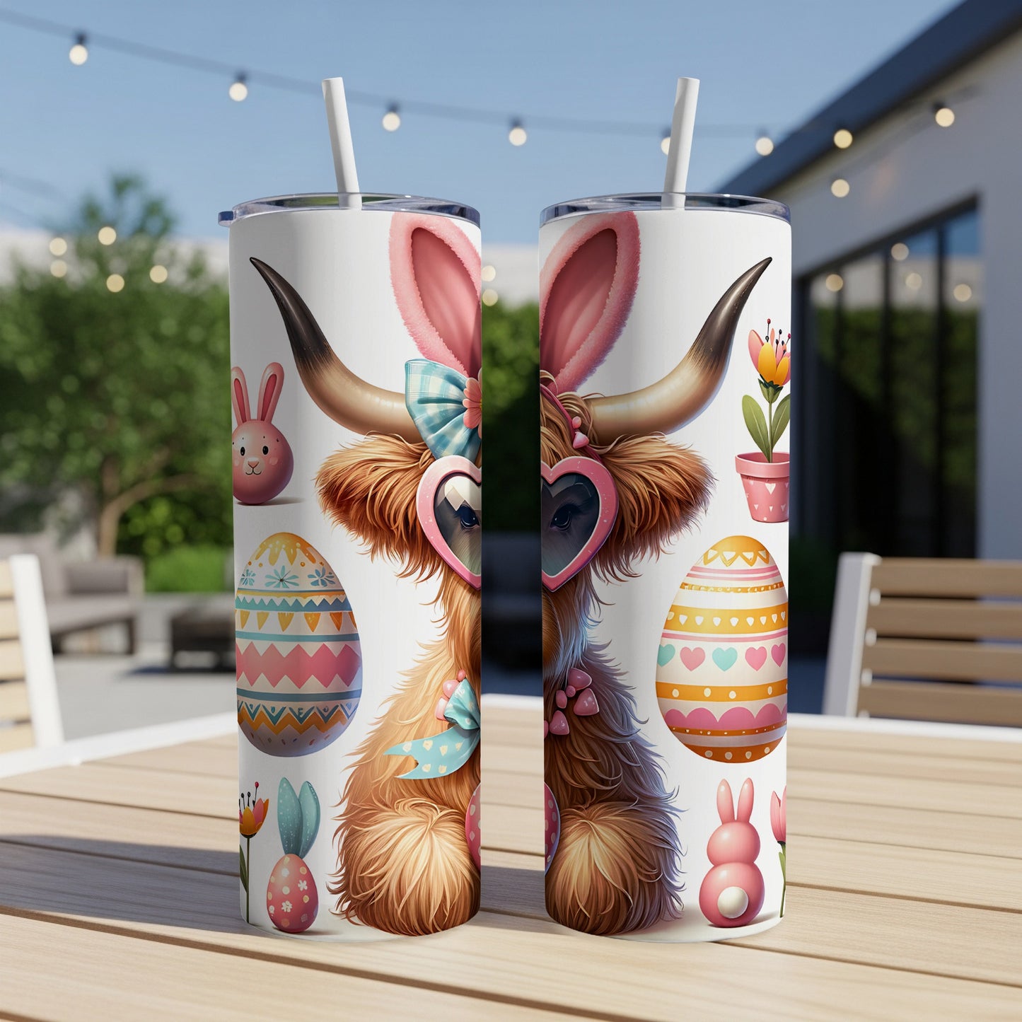 Two tumblers with Easter theme: fluffy cow with bunny ears, heart sunglasses, and floral designs.