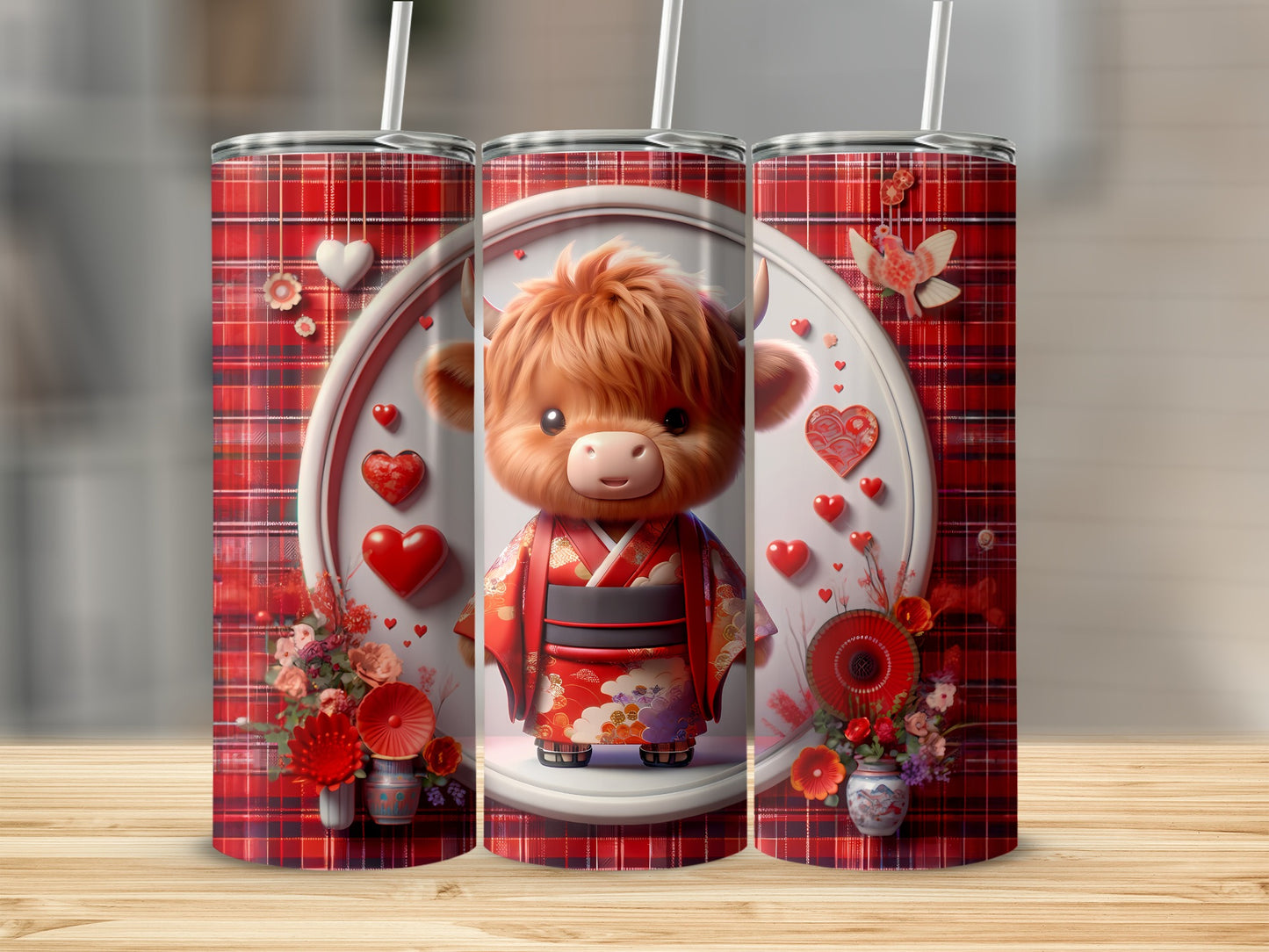 Cute cartoon bull in kimono with hearts and flowers on a plaid tumbler.