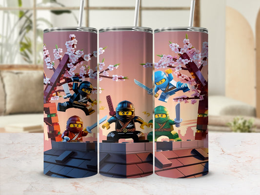 Three tumblers with ninjas and cherry blossoms on a tiled rooftop.