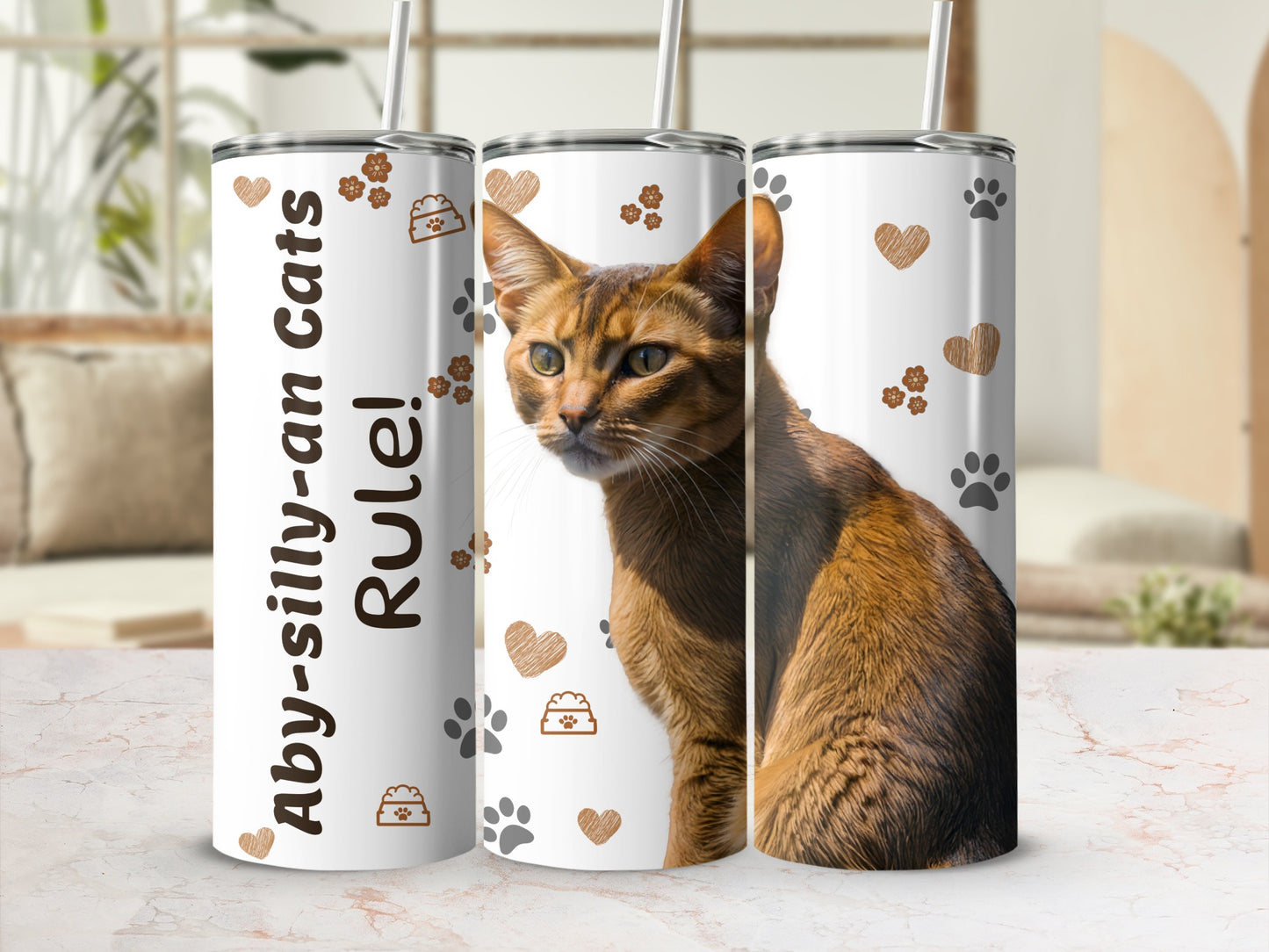 Abyssinian cats rule tumbler with paw prints and hearts design.