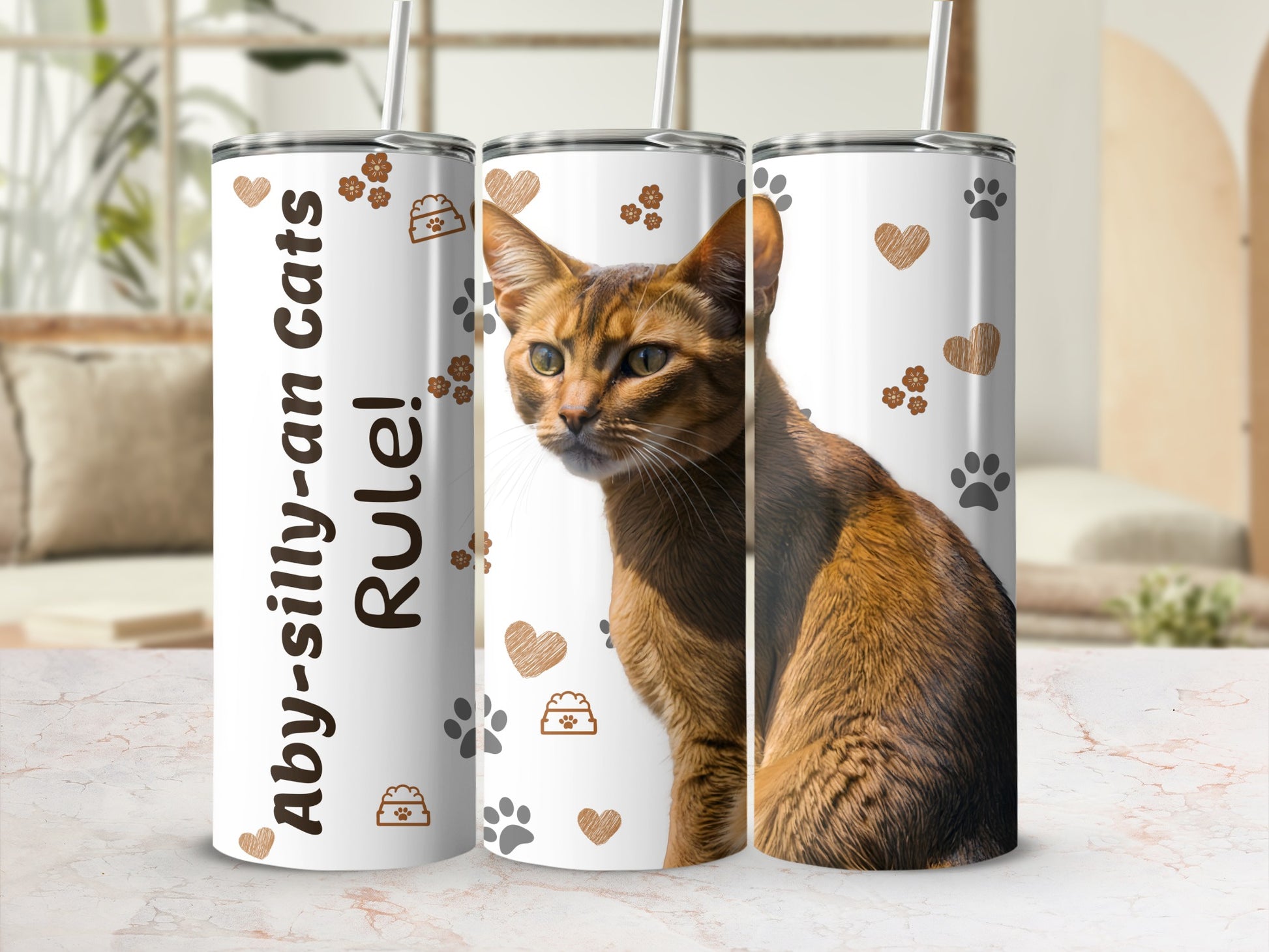 Abyssinian cats rule tumbler with paw prints and hearts design.