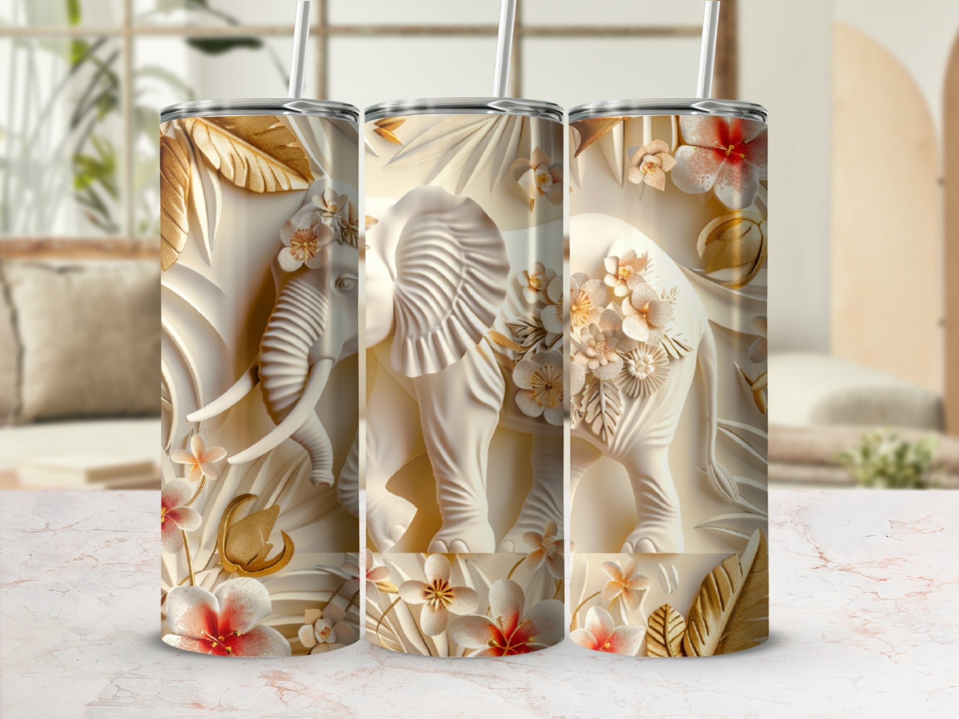 3D embossed white elephant with floral accents on a white tumbler.