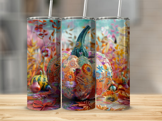 Triptych of a patterned pumpkin tumbler with autumn leaves and floral background.