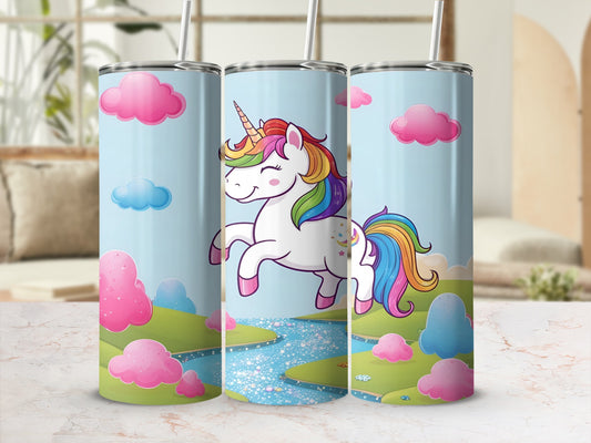 Unicorn jumping over a sparkling river with colorful clouds and trees.