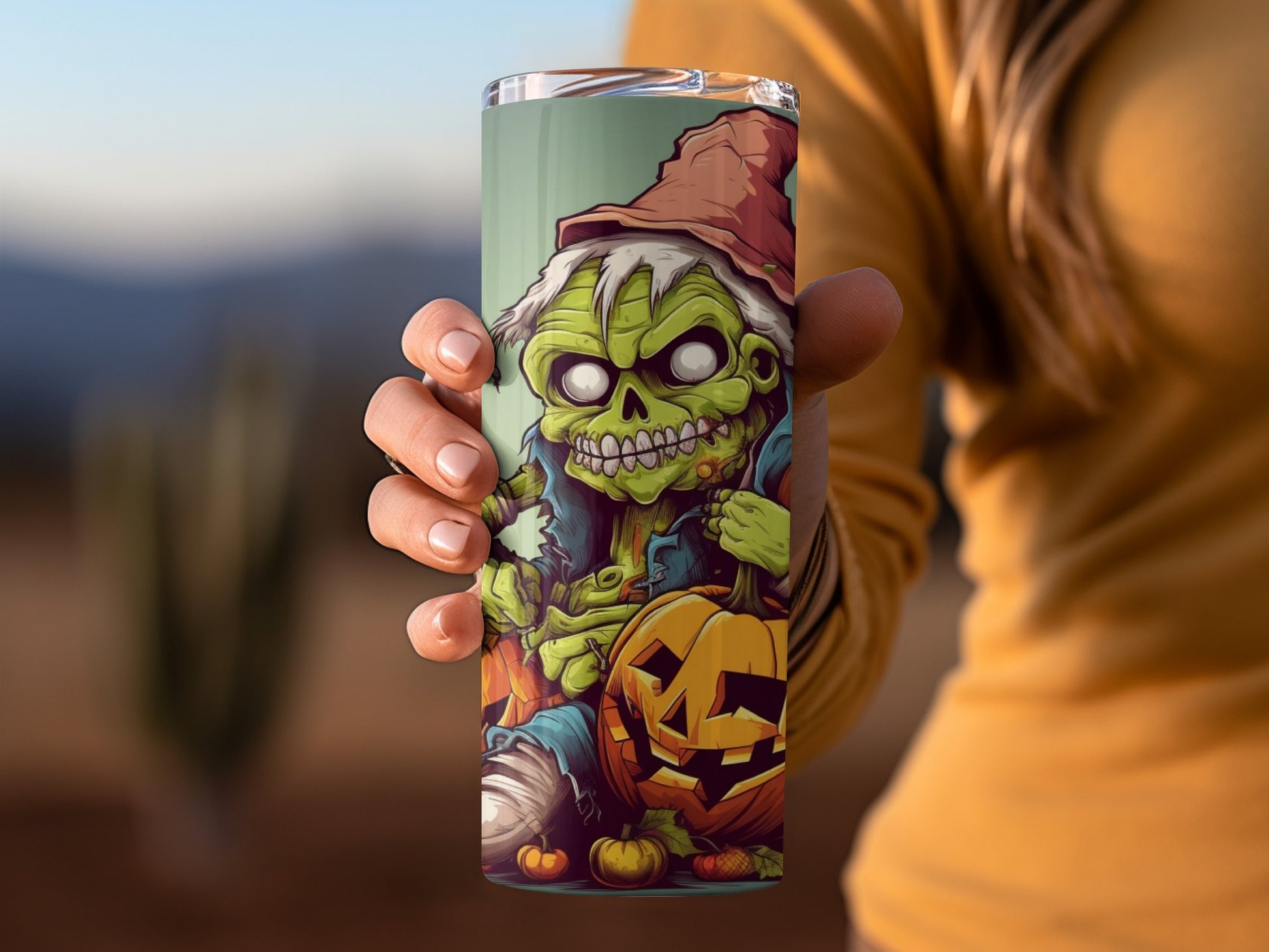 Halloween Themed Zombie and Pumpkin Design Tumbler Cup
