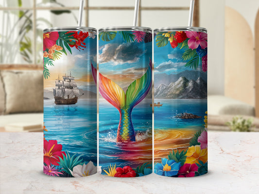 Rainbow mermaid tail emerges from ocean waves with ship and tropical flowers.