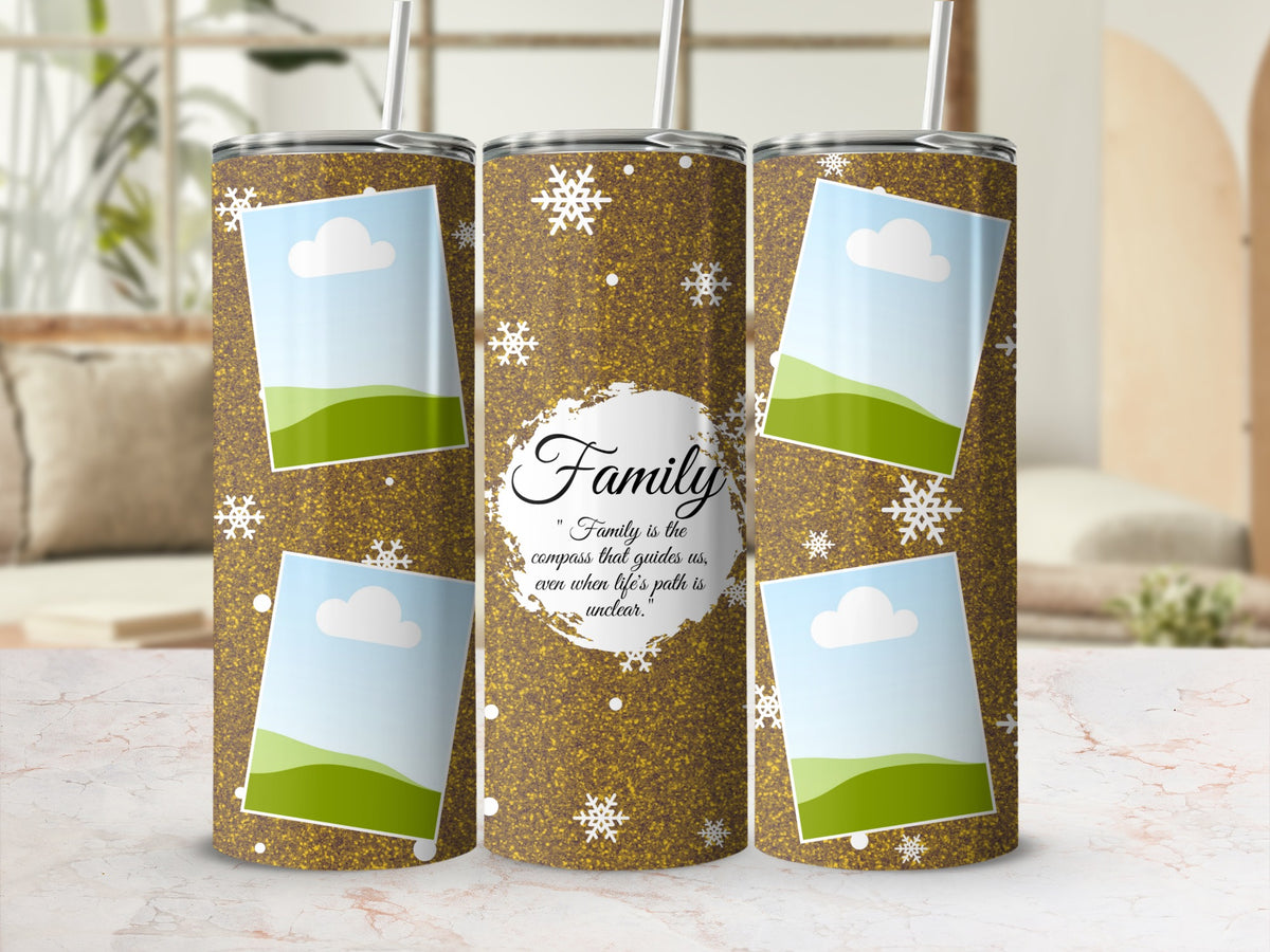 Gold glitter tumbler with snowflakes, photos, and "Family" quote.