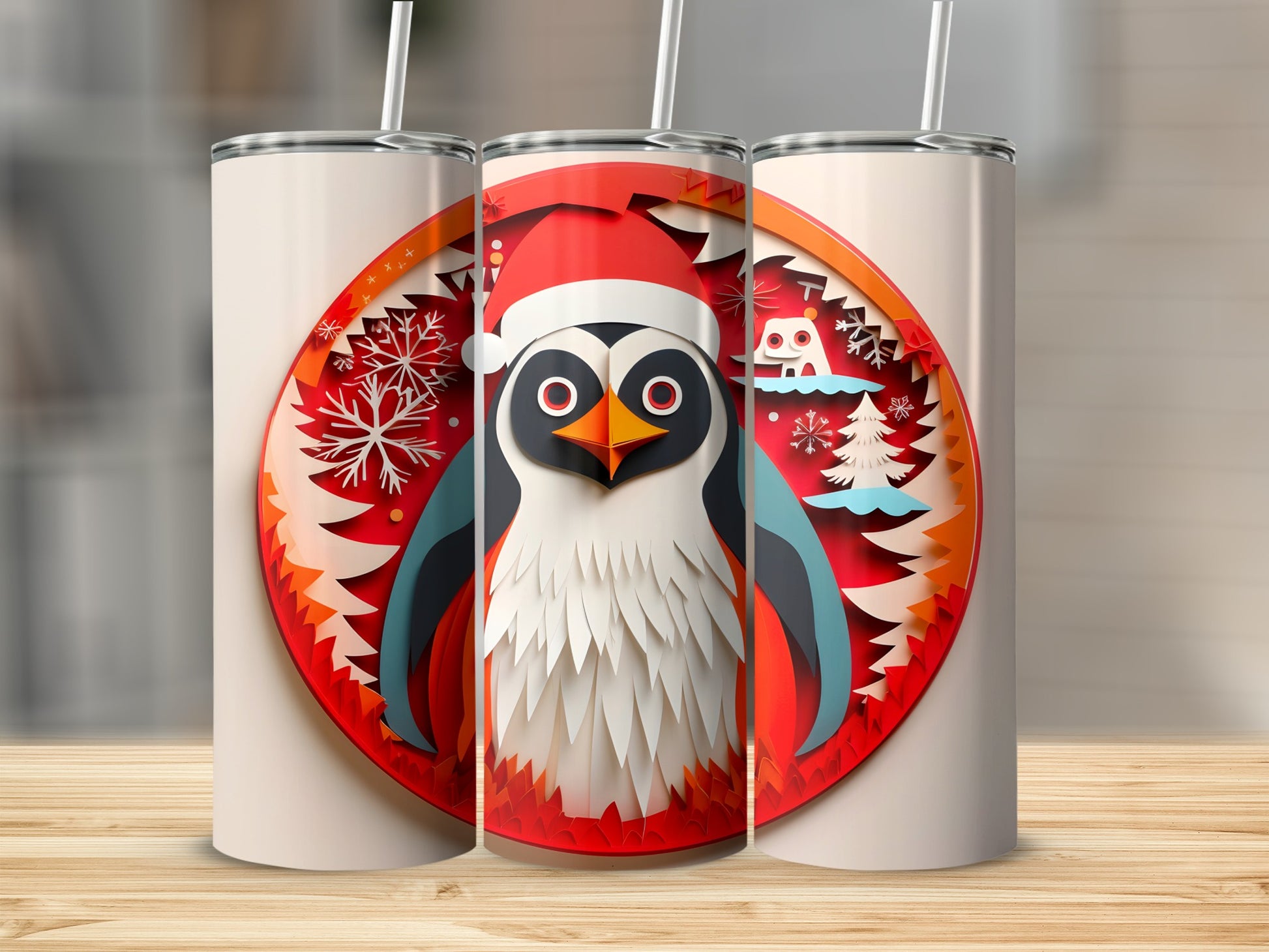 Three tumblers with a festive penguin design, one in the center.