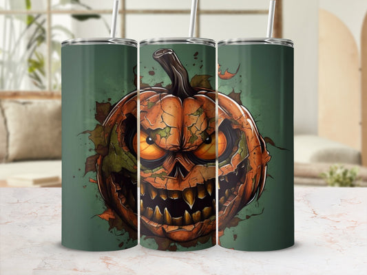 Three tumblers featuring a scary, cracked jack-o'-lantern with glowing eyes and sharp teeth.