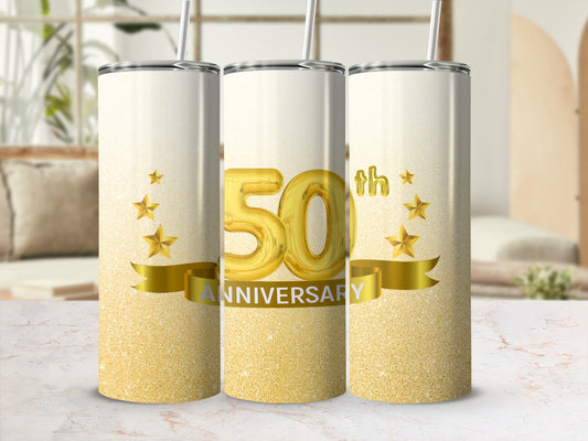 50th Anniversary gold glitter tumbler with stars and ribbon.
