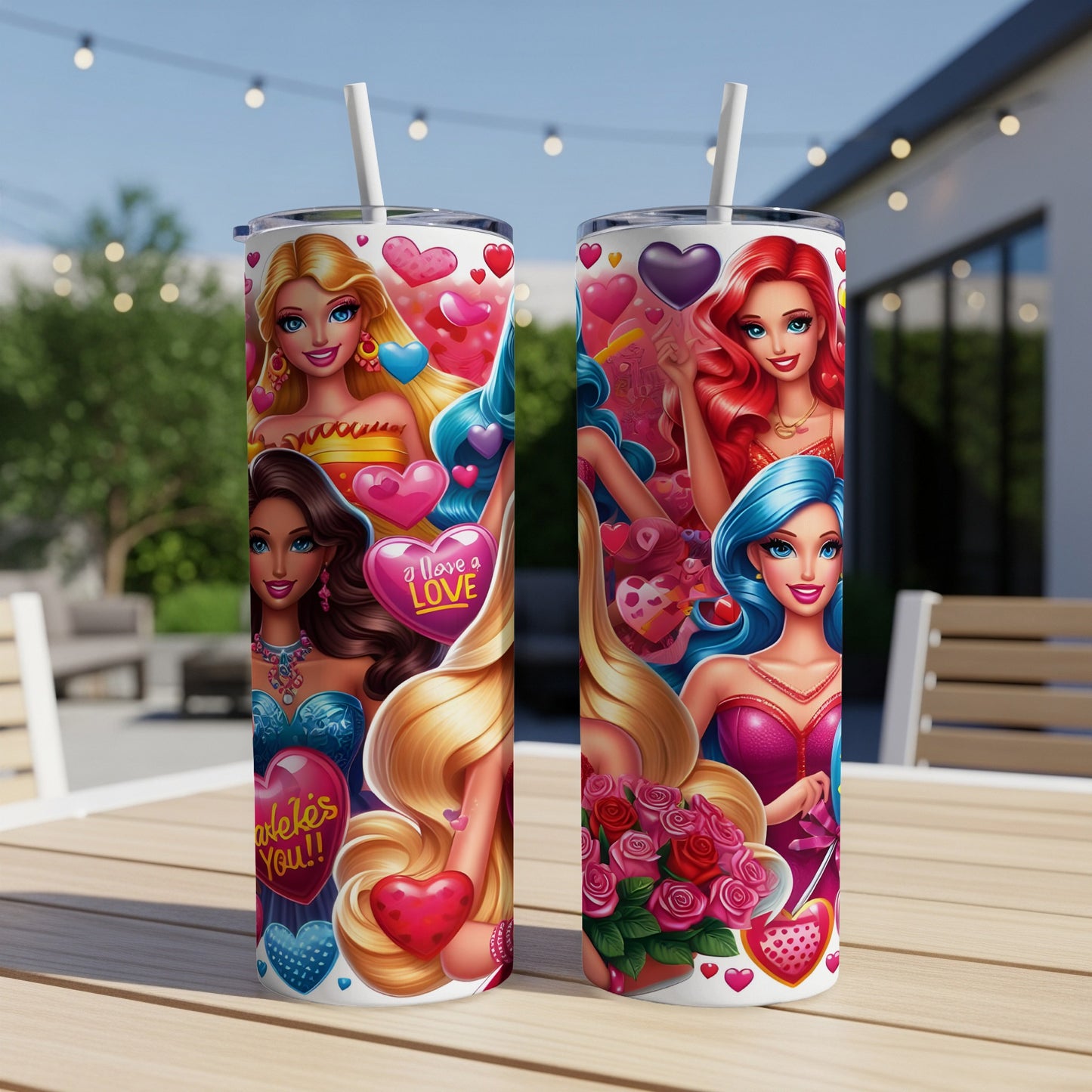 Two tumblers with Barbie characters, hearts, and floral designs.