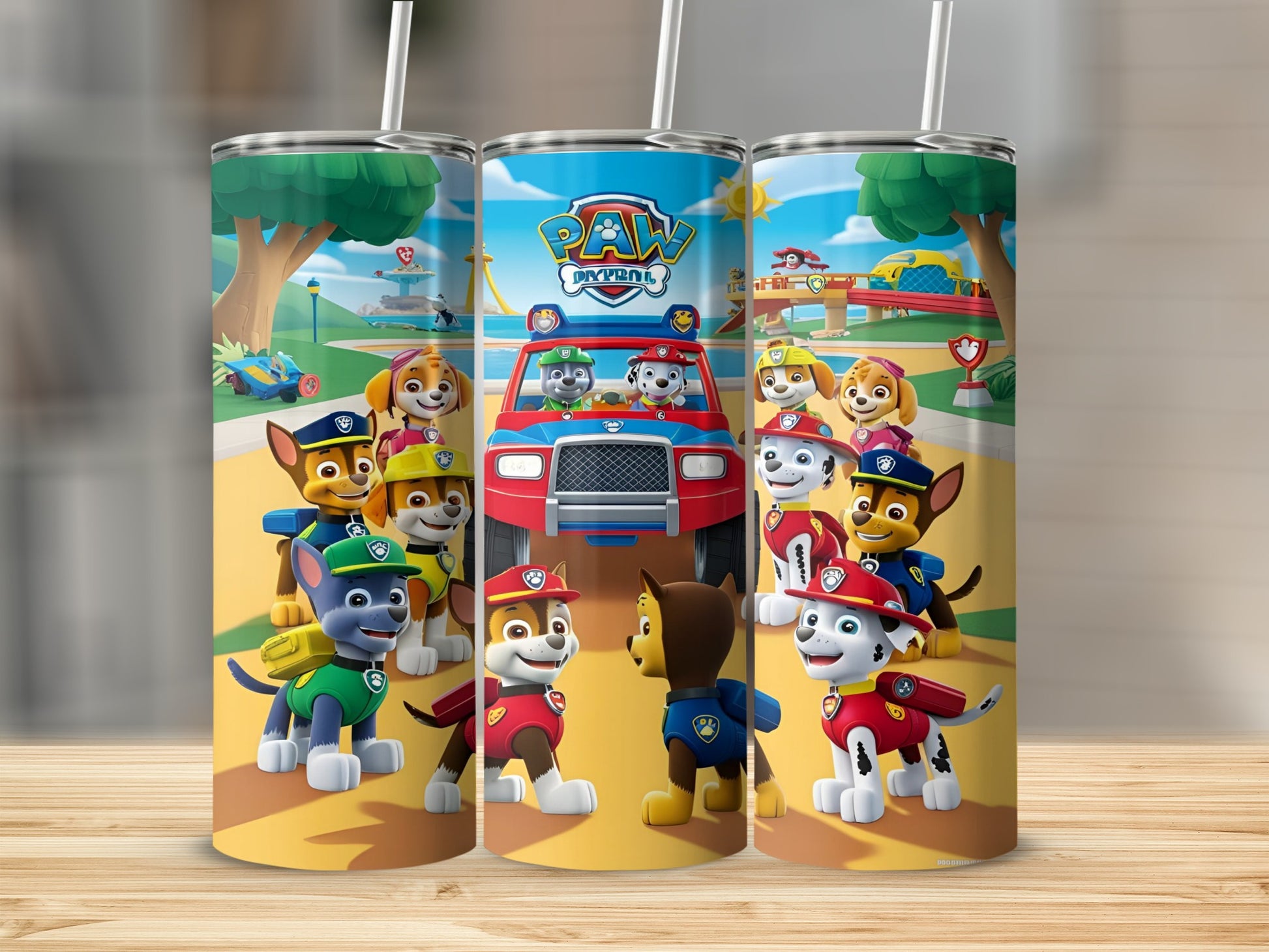 Paw Patrol characters Ryder and pups in vehicles with their logo.