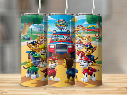 Paw Patrol characters Ryder and pups in vehicles with their logo.