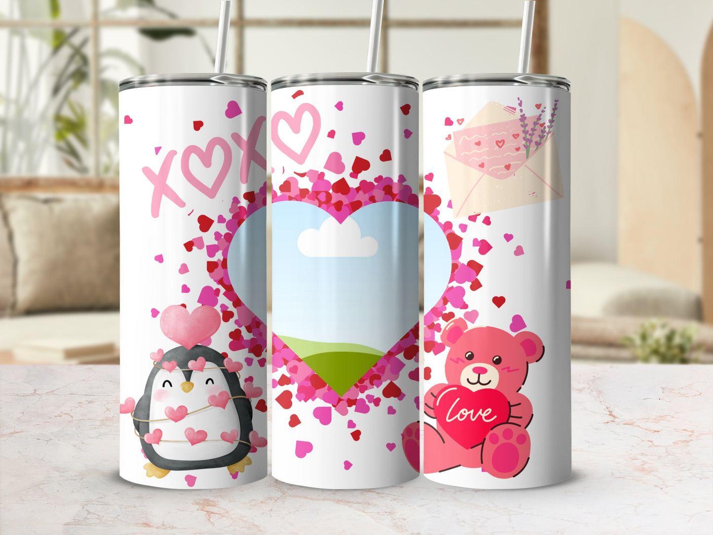 Three Valentine's themed tumblers with a penguin, teddy bear, and hearts design.