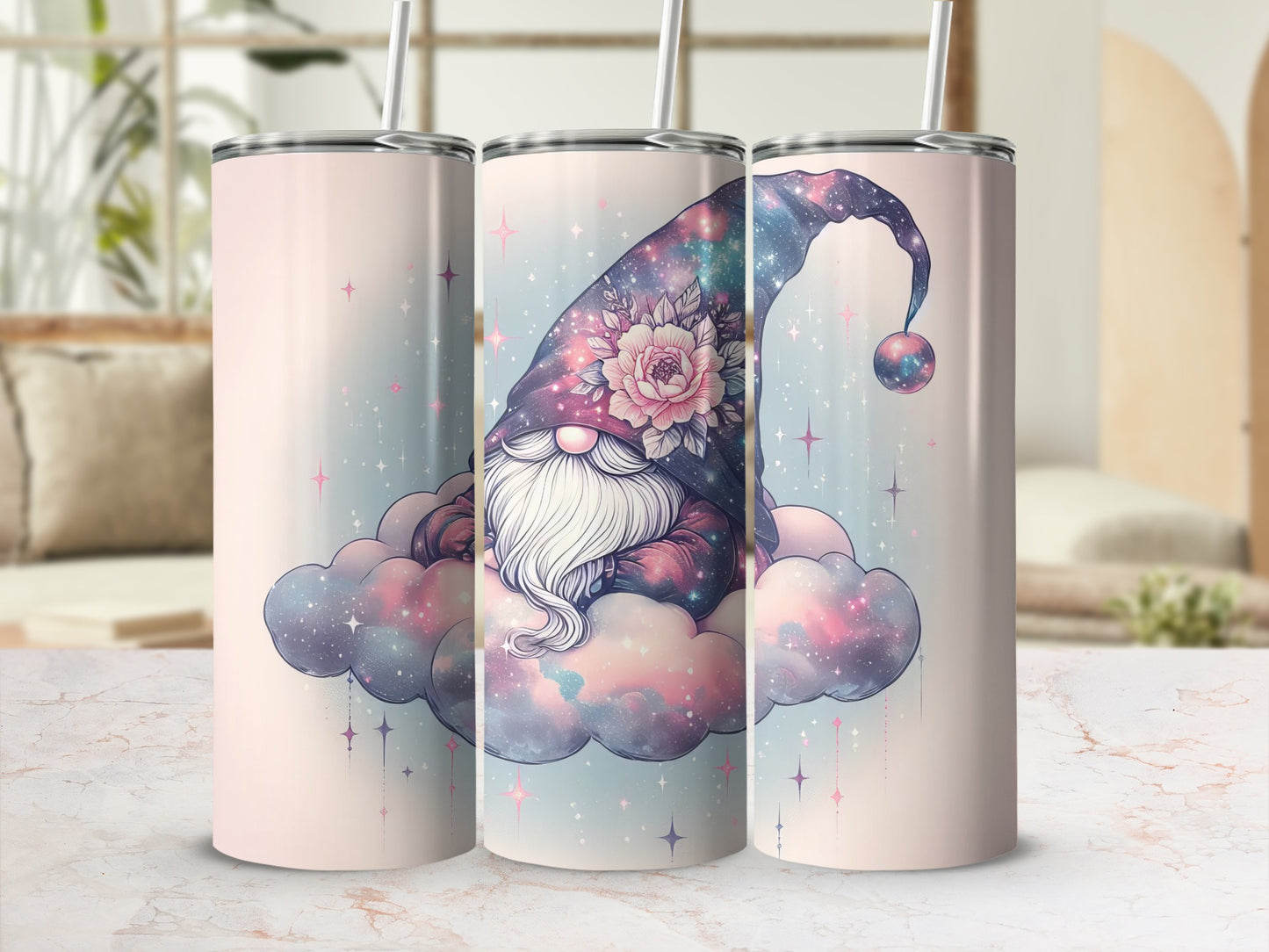 Three pastel tumblers featuring a cosmic gnome on clouds.