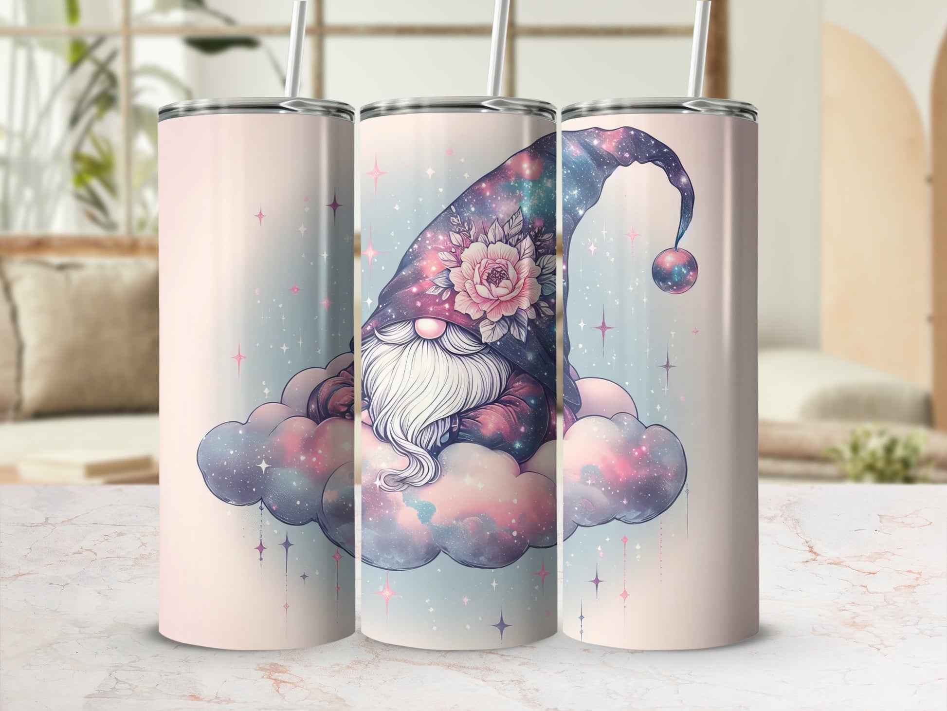 Three pastel tumblers featuring a cosmic gnome on clouds.