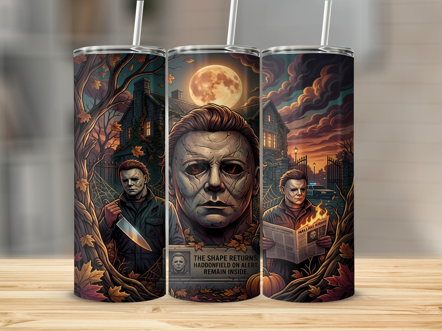 Michael Myers artwork on tumblers with Halloween themes and text.