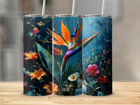 Three tumblers with vibrant tropical flowers and birds of paradise.