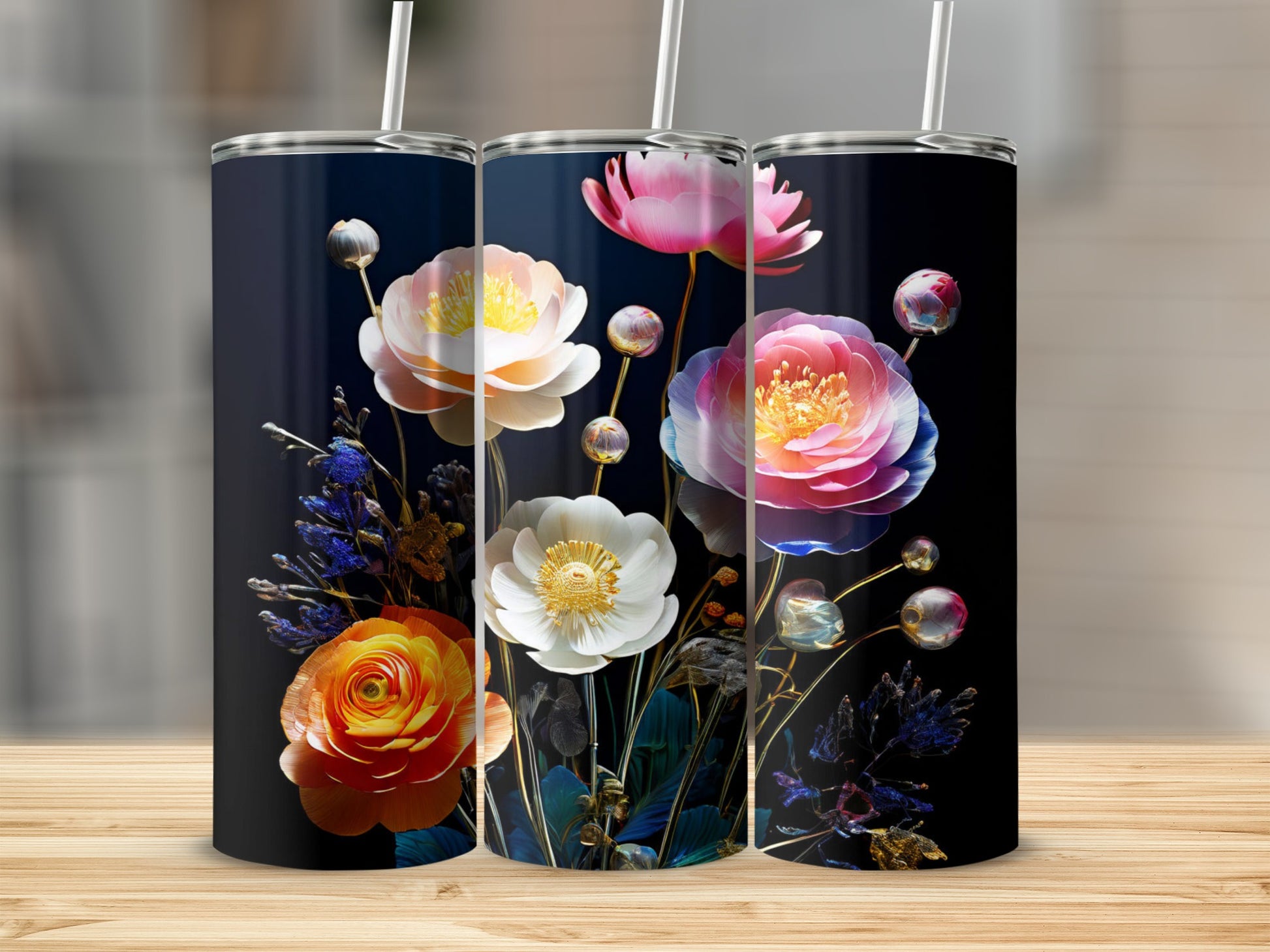 Three tumblers featuring vibrant floral illustrations on a dark background.