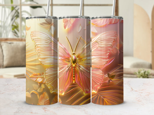 Three tumblers with a shimmering golden butterfly and floral pattern.
