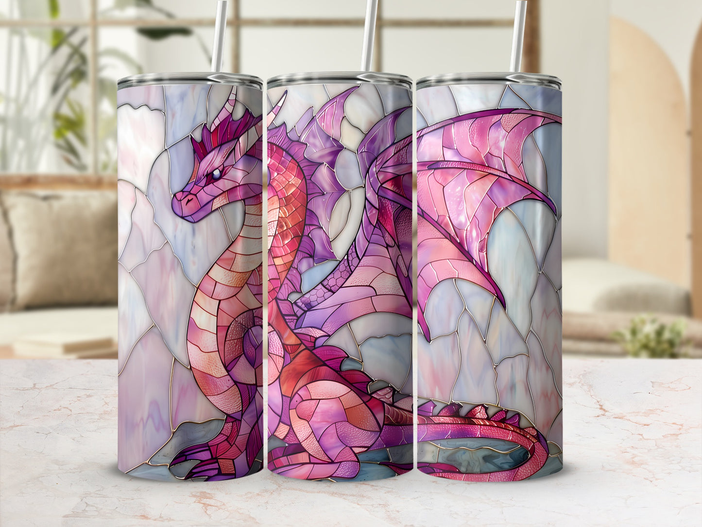 Dragon design on a trio of stained glass effect tumblers with straws.