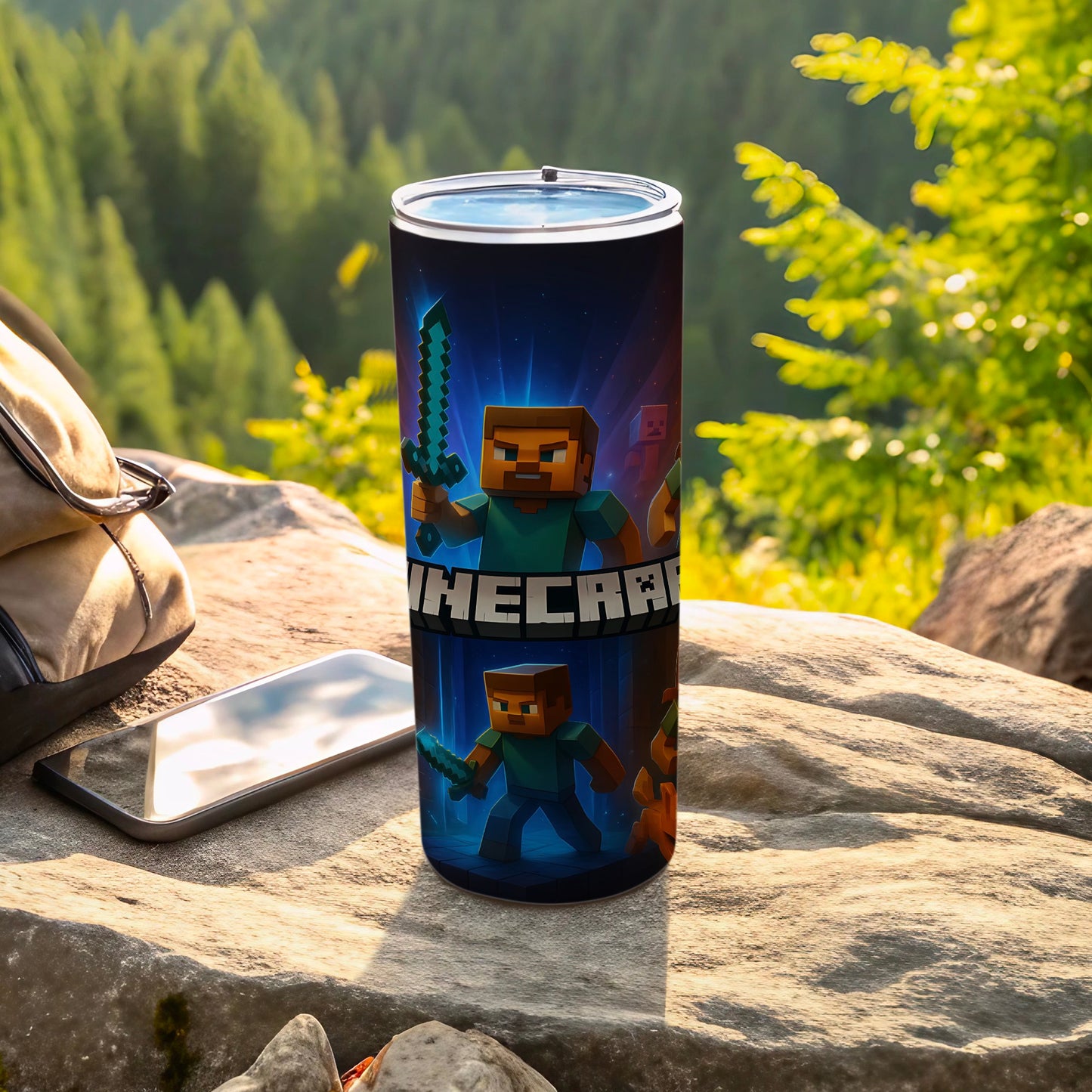 Minecraft Themed Travel Tumbler with Lid for Gamers
