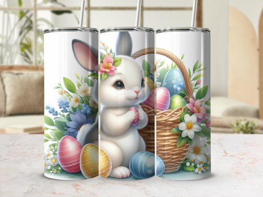 Easter bunny with basket of colorful eggs and floral accents.