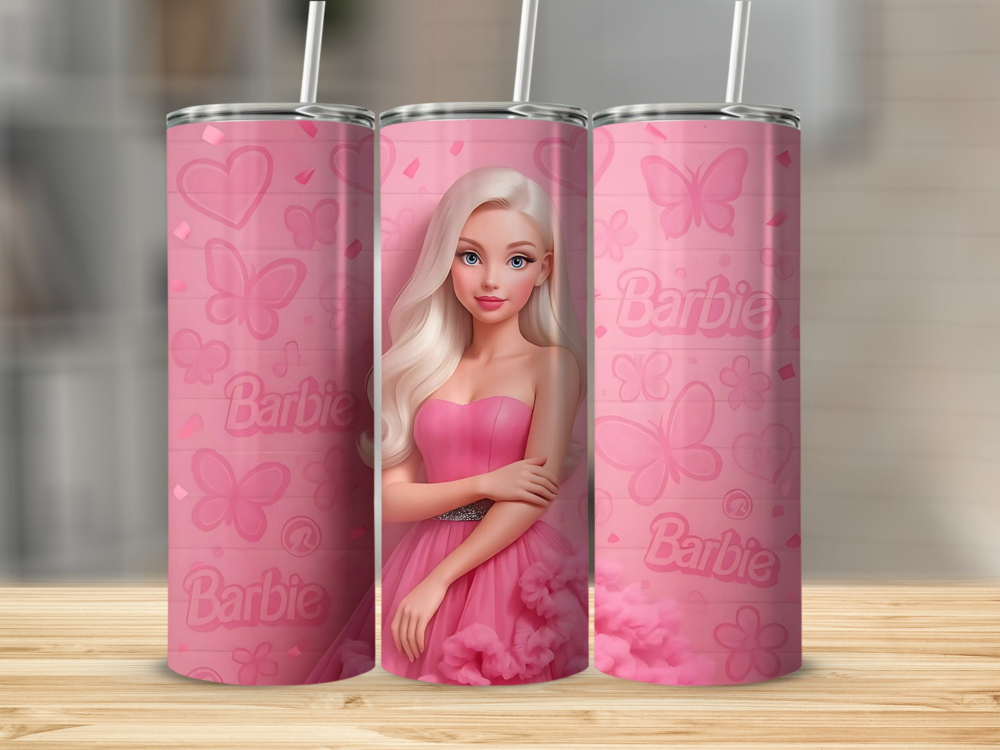 Barbie In a Pink Dress with Hearts Butterflies Tumblers