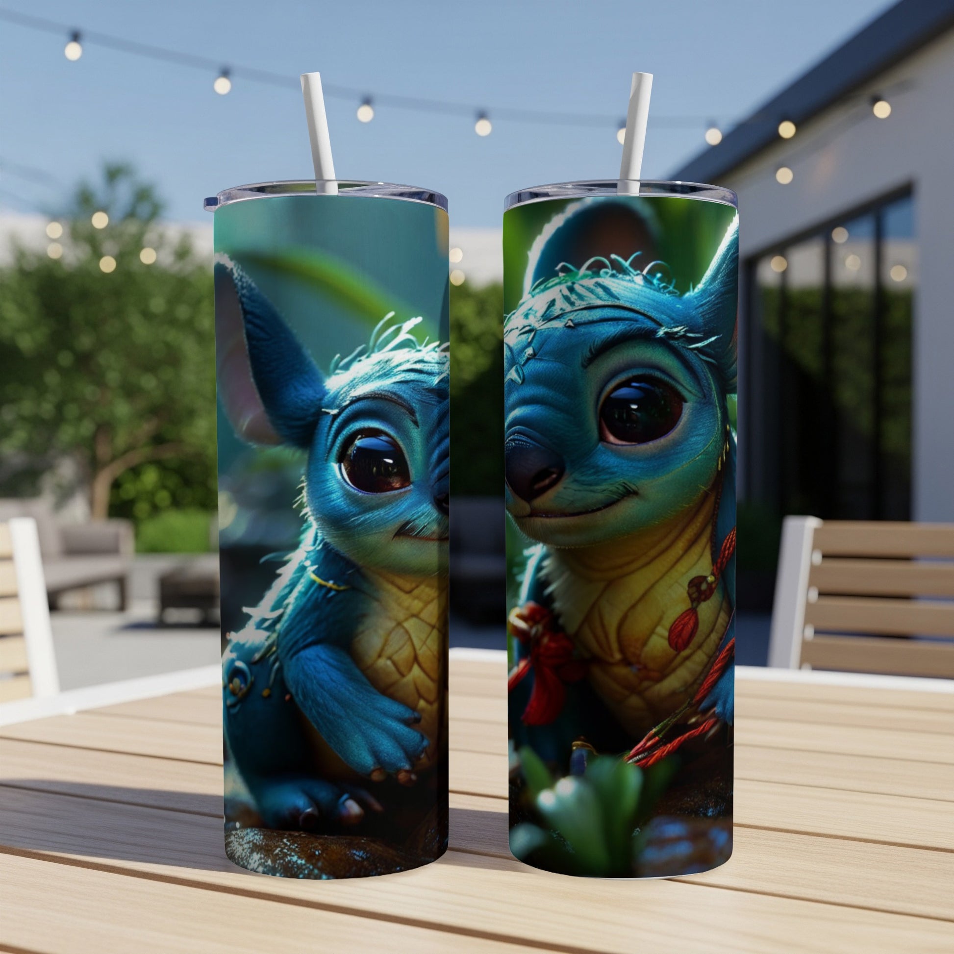 Two blue alien creatures with large eyes and pointed ears on tumblers.