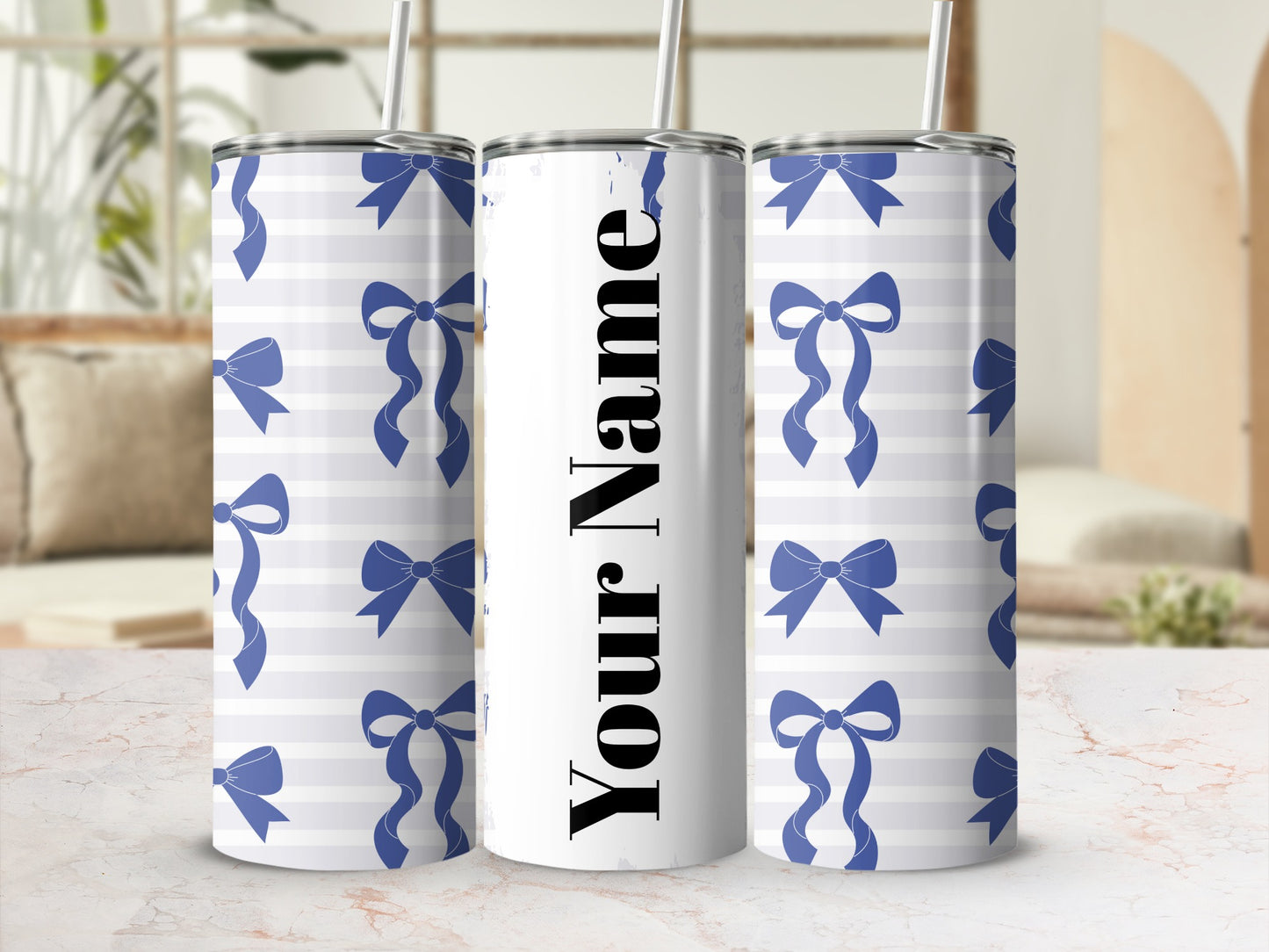 Customizable Blue Bow Patterned Tumbler for Personal Use