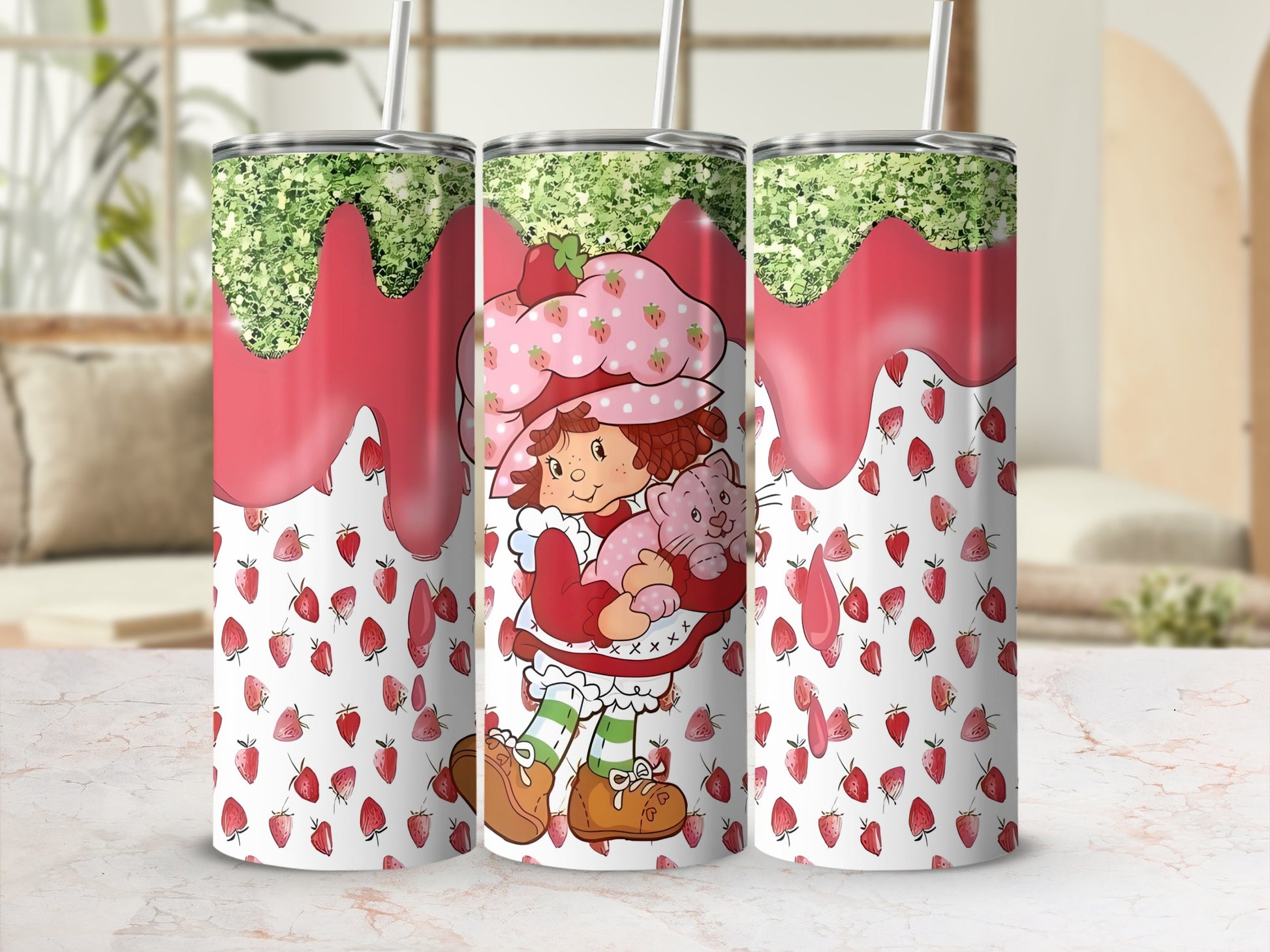 Strawberry Shortcake holding a pink cat with strawberries and glitter pattern.