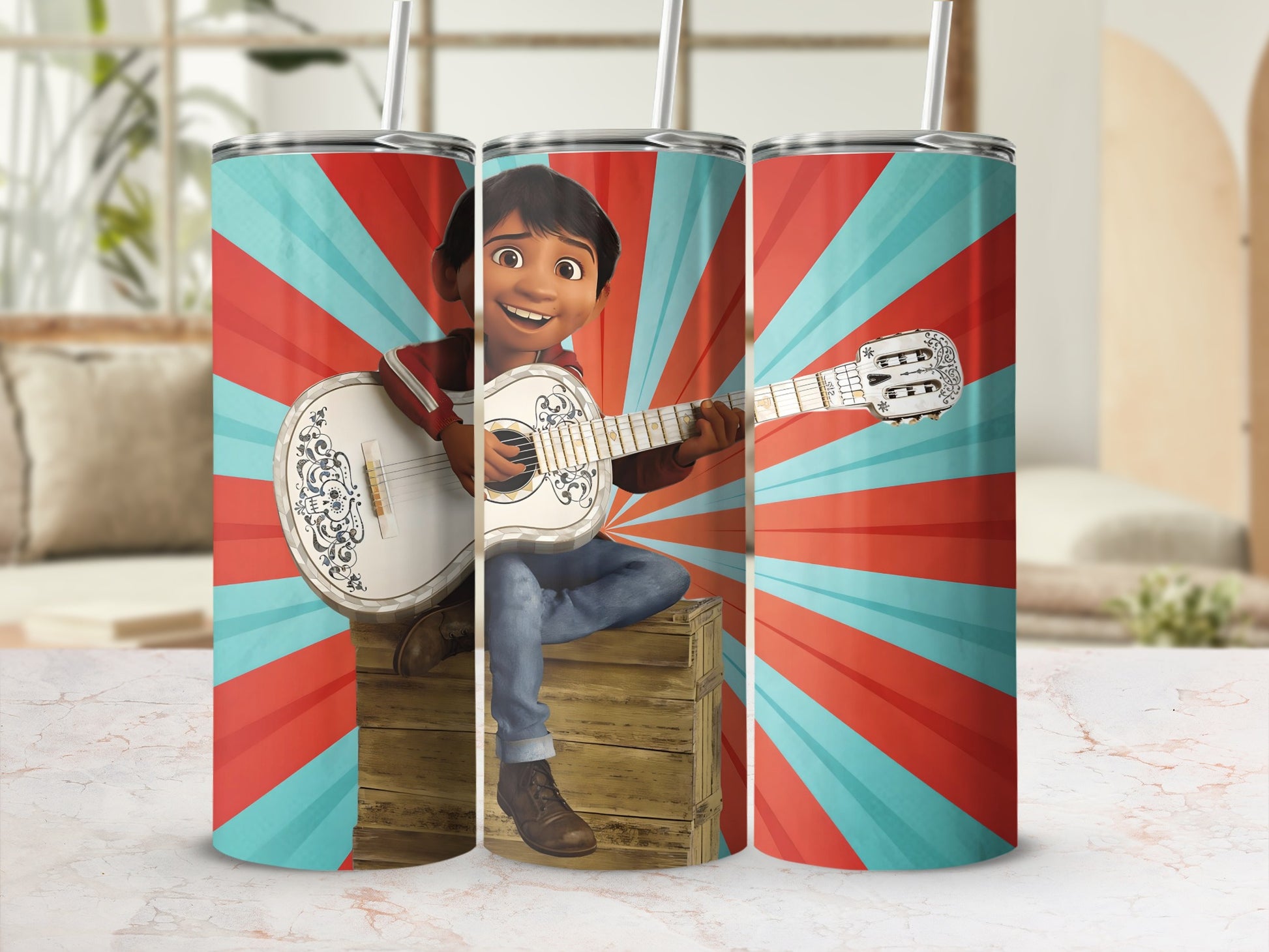 Bright and Vibrant Character Playing Guitar Tumbler