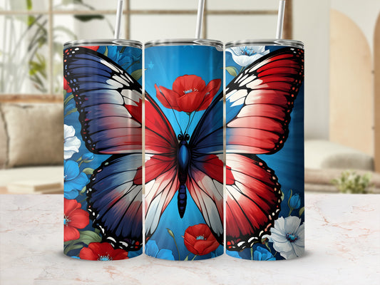 Tumbler with a patriotic butterfly and floral design.