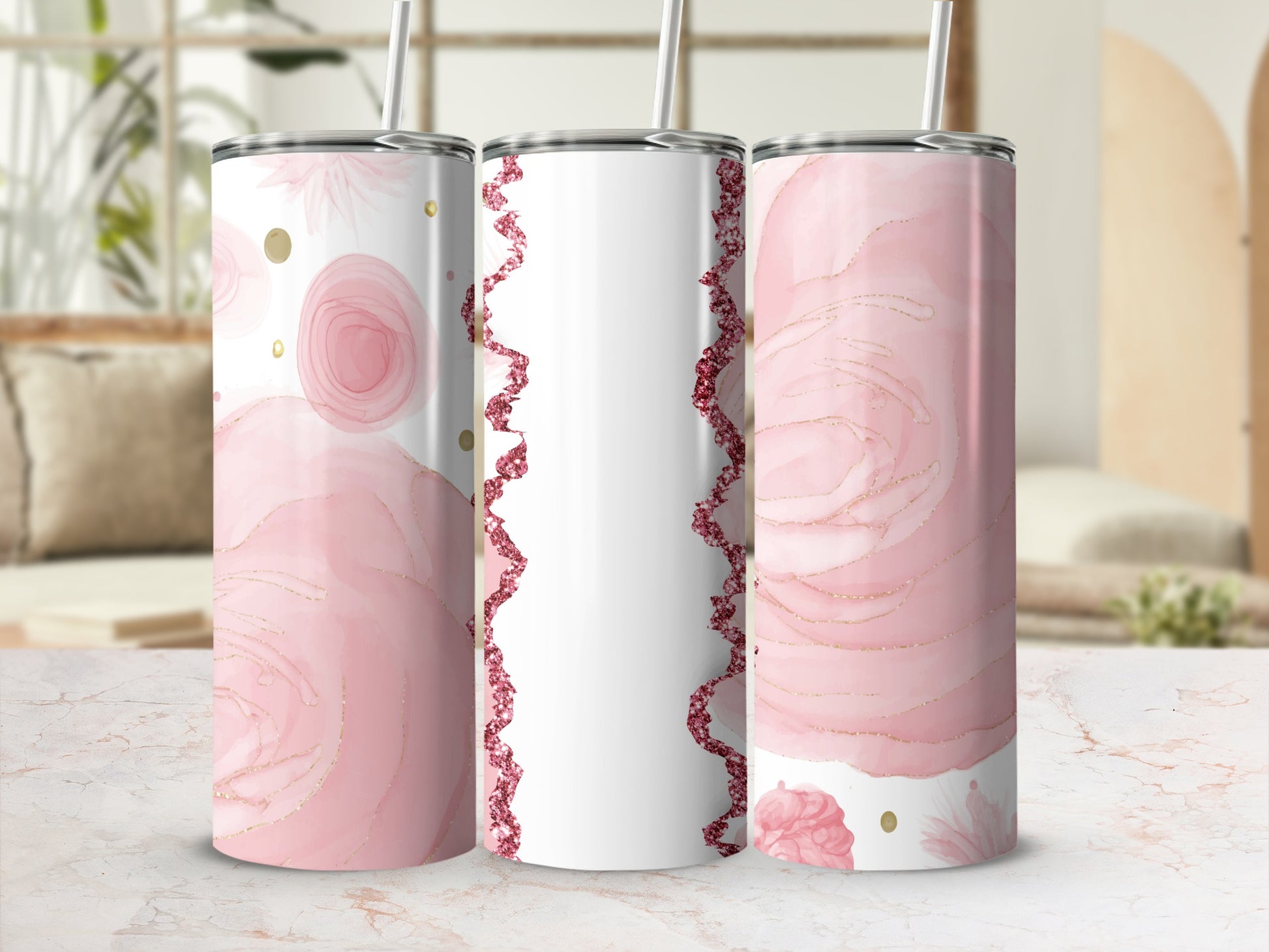 Pink watercolor floral tumbler with gold glitter accents.
