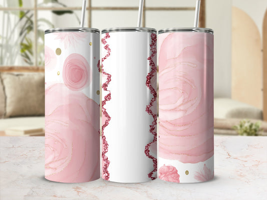 Pink watercolor floral tumbler with gold glitter accents.