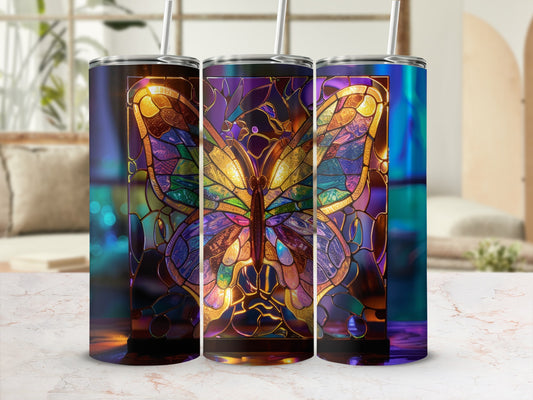 Three stained glass effect tumblers featuring a colorful butterfly design.