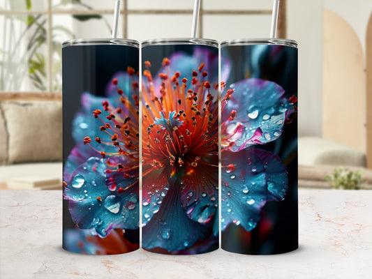 Three tumblers featuring a close-up of a dew-covered flower.