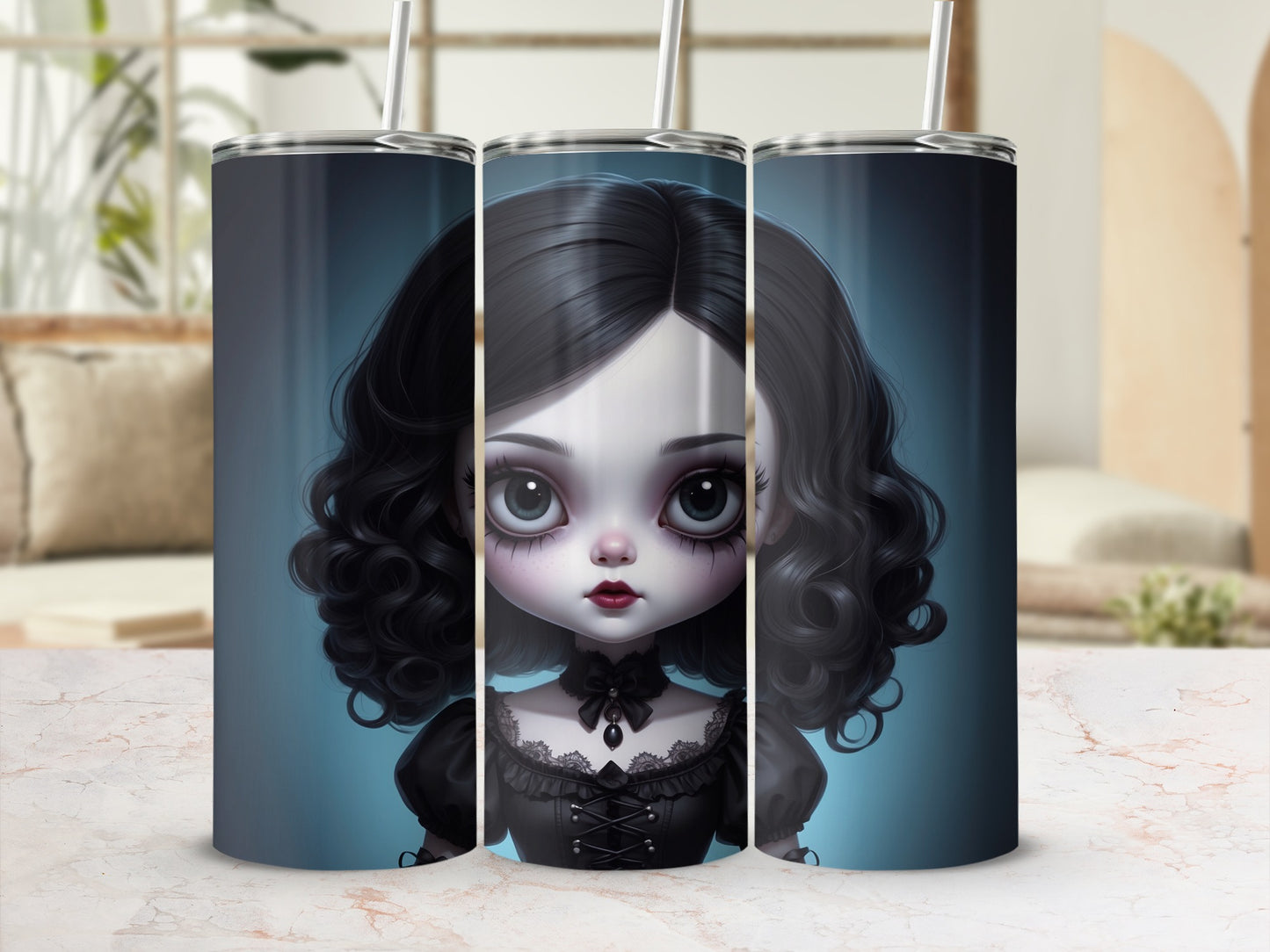 Doll with dark curly hair and large eyes on a cylindrical tumbler.