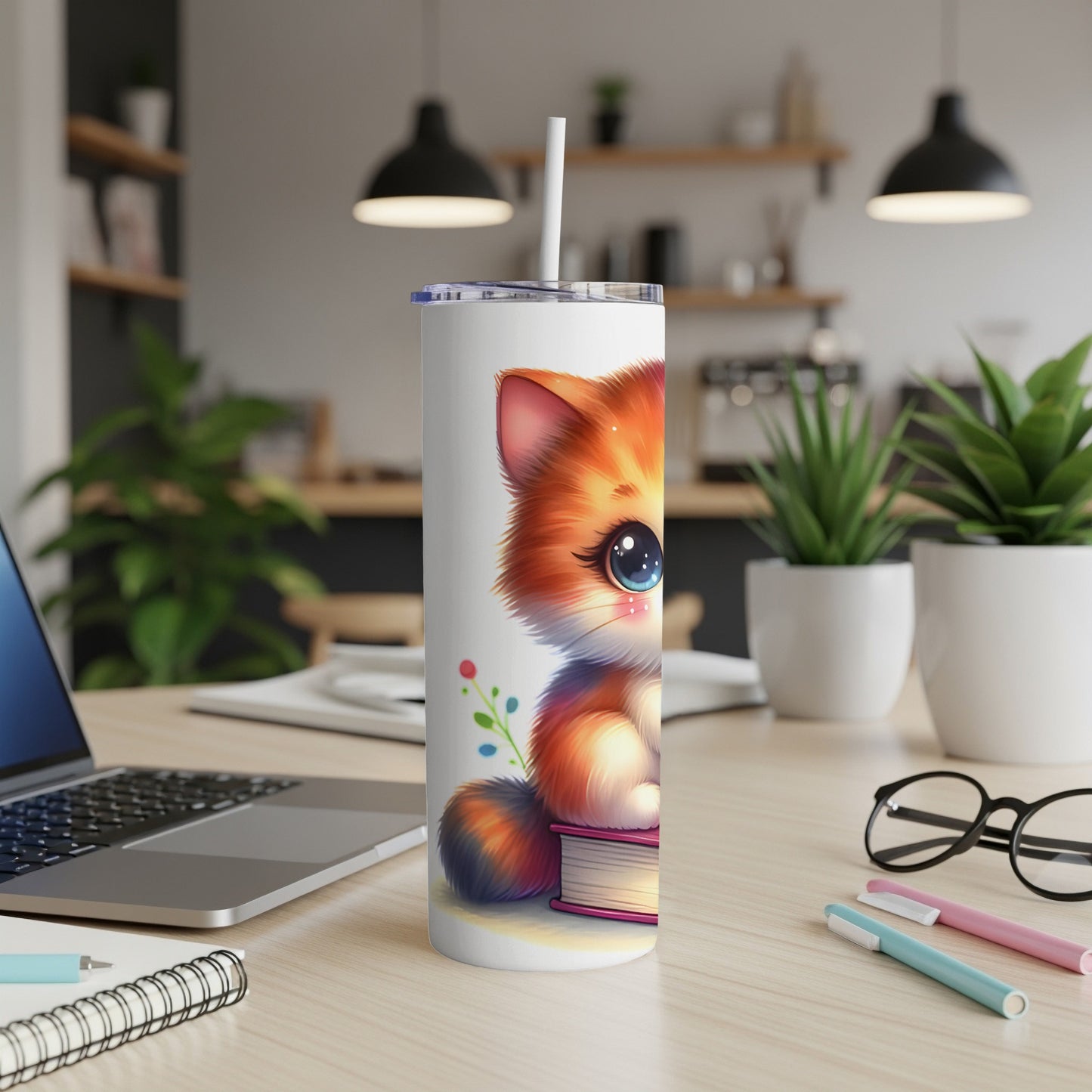 Cute cartoon cat with big eyes peeking over a book on a desk.