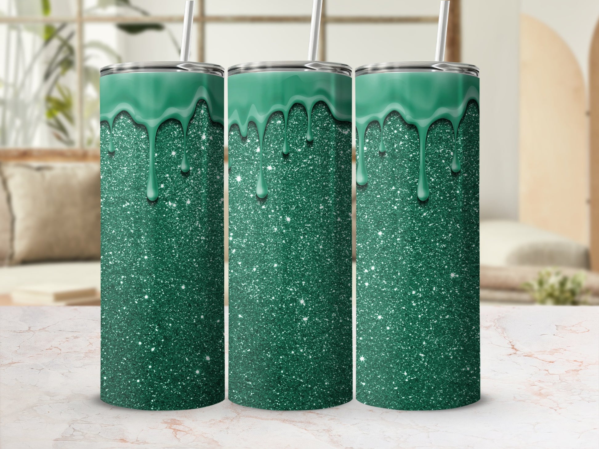 Glittery Green Tumbler With Melting Drip Design