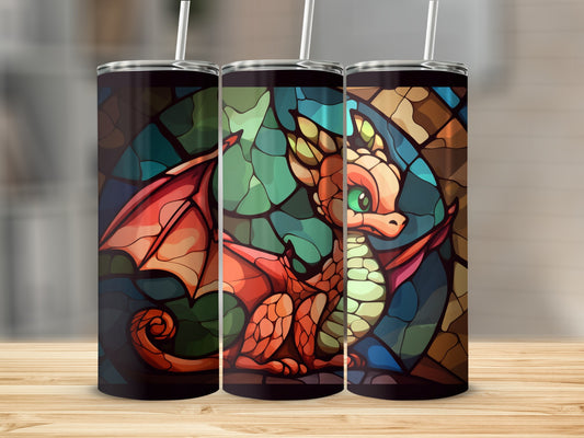 Dragon stained glass tumbler with straws, displayed in a row.