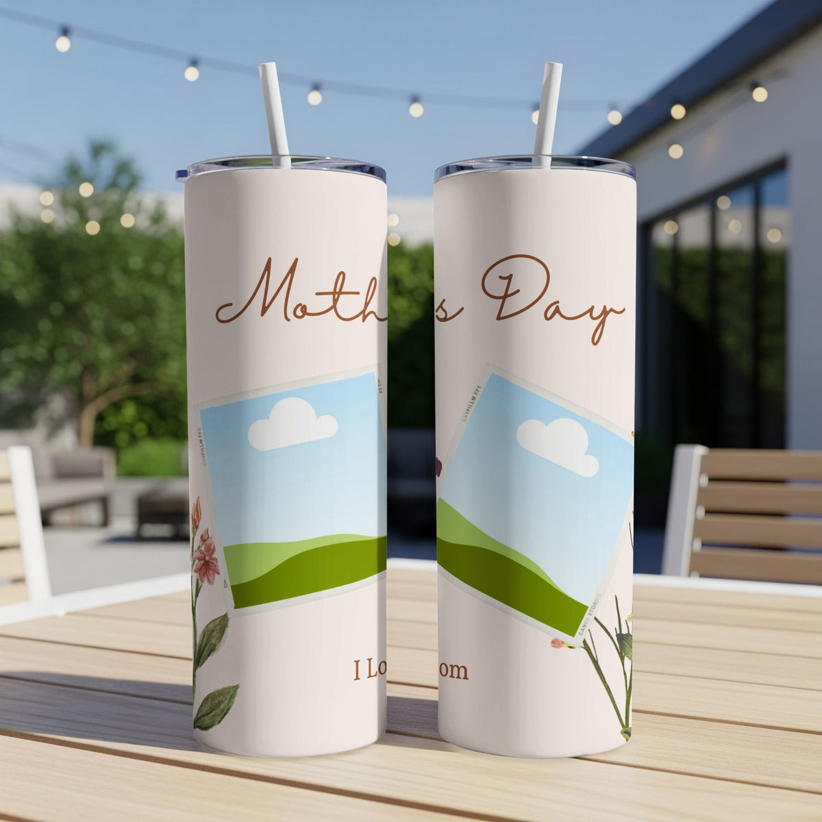 Two tumblers with "Mother's Day" text and framed landscape photos.
