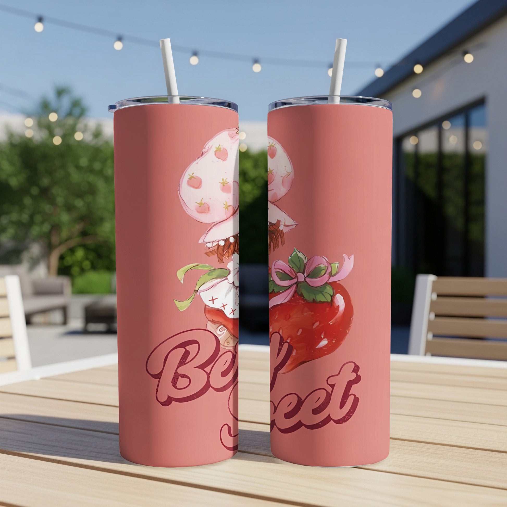 Strawberry Shortcake tumbler with "Berry Sweet" text and strawberry graphic.