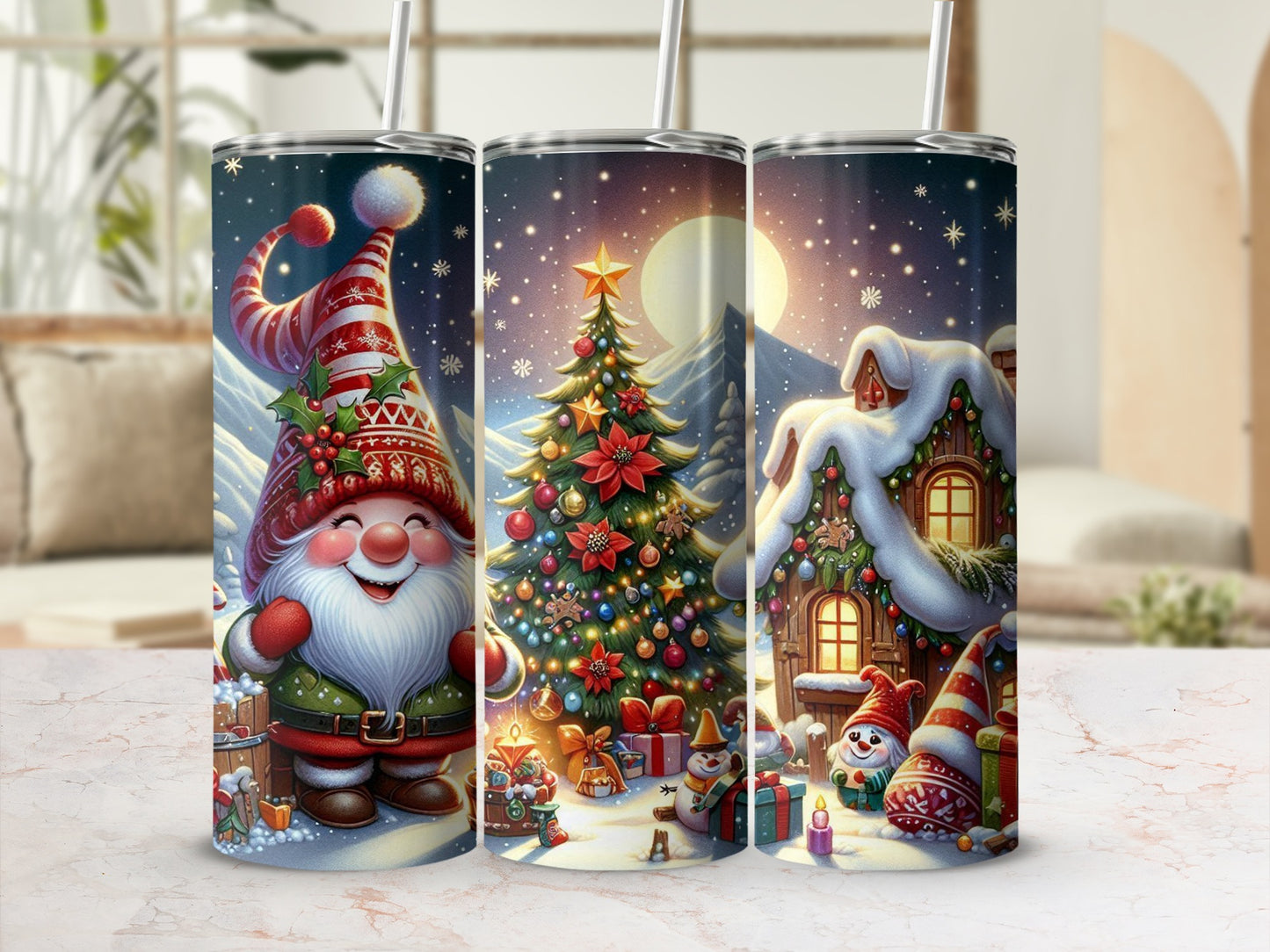 Three gnome and Christmas tree tumblers with a winter scene.