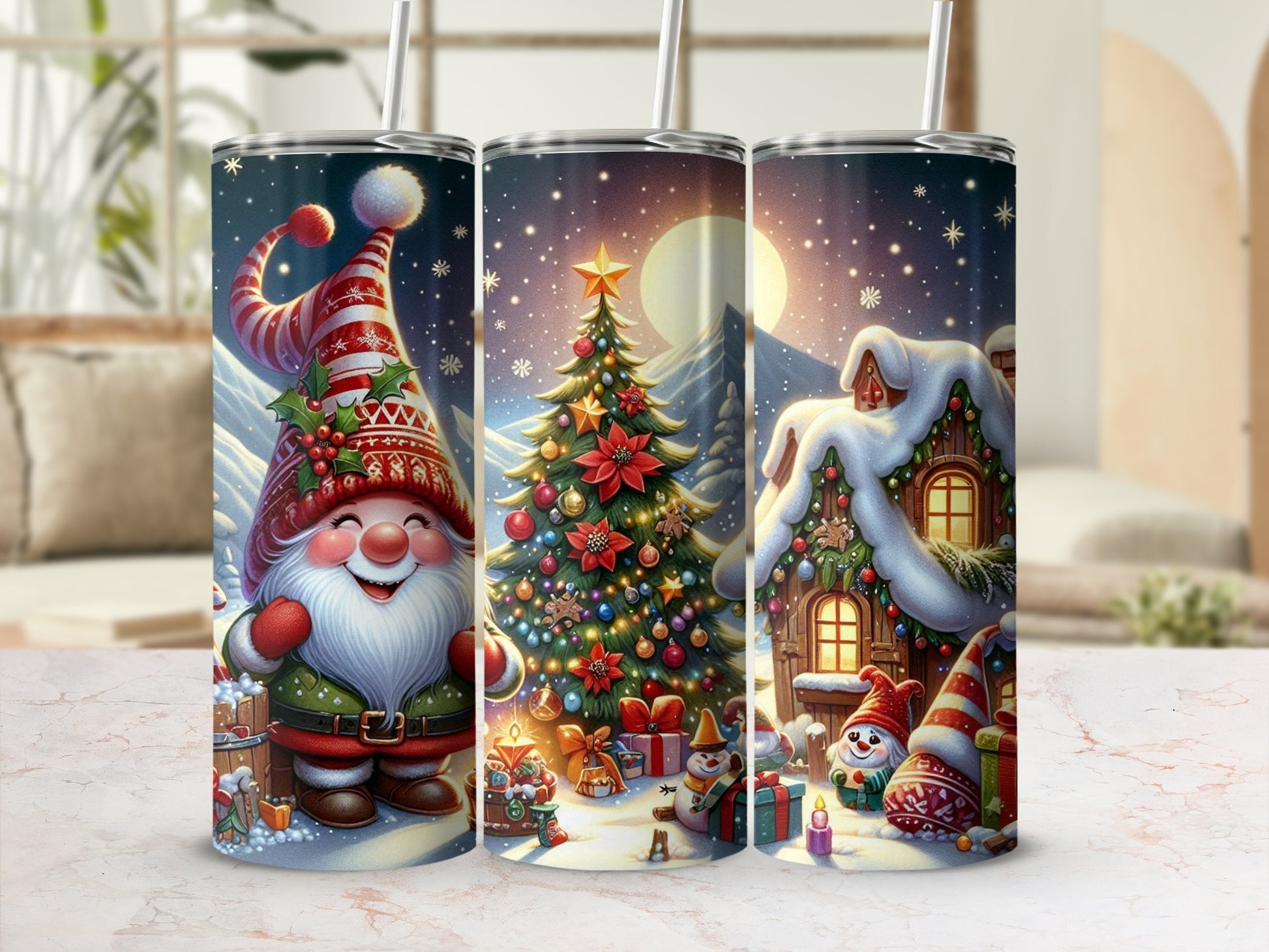 Three gnome and Christmas tree tumblers with a winter scene.