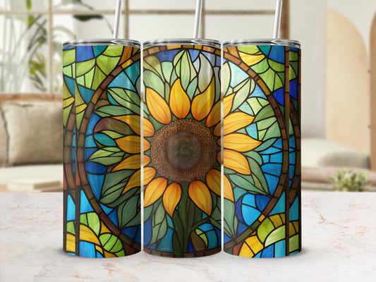 Sunflower stained glass tumbler with straw.