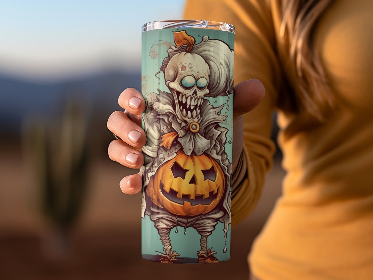 Creepy Pumpkin Skeleton Tumbler with Scary Clown Design