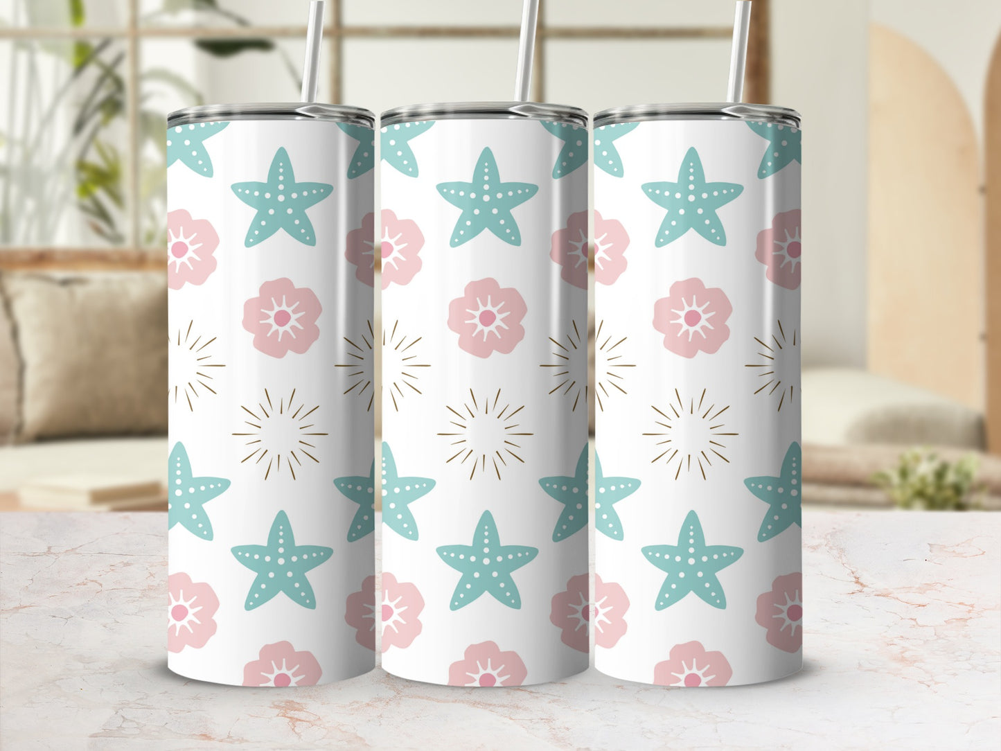 White tumbler with repeating starfish and flower pattern.