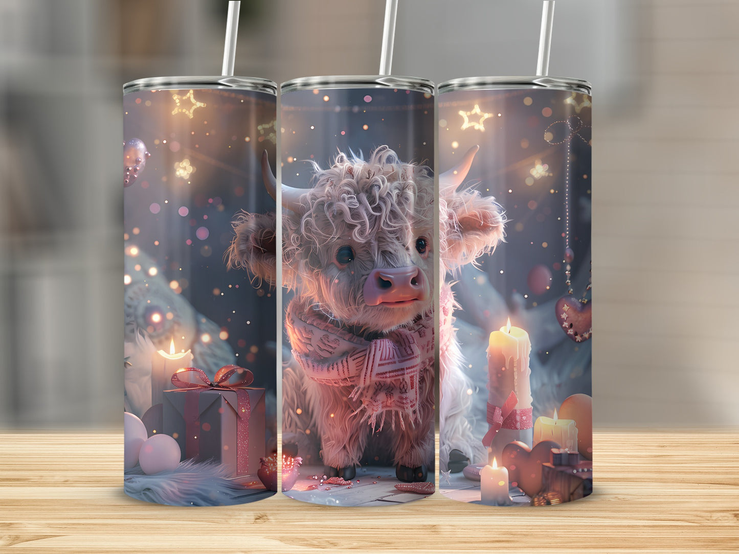 Fluffy Highland cow in scarf with festive lights and candles.